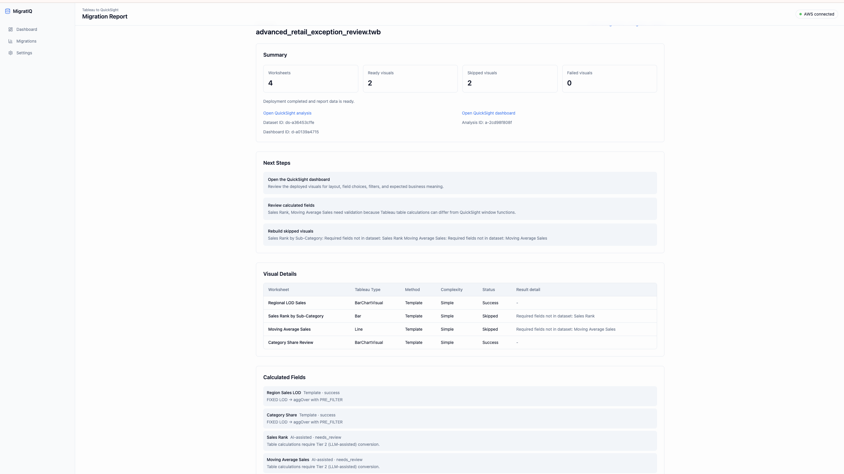 MigratIQ migration report showing ready visuals, skipped visuals, next steps, and calculated-field review items.